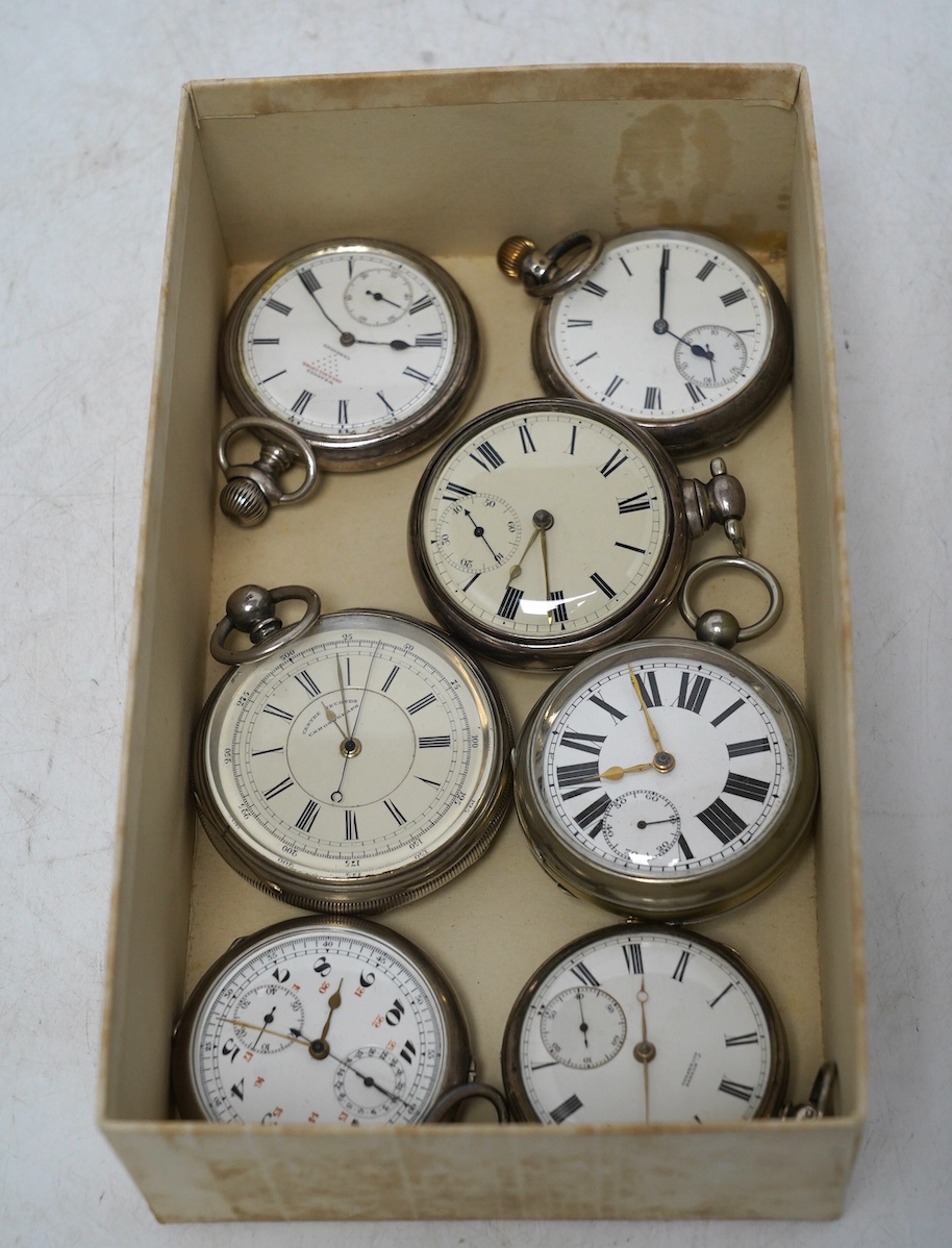 A small collection of seven assorted silver open face pocket watches including a Victorian chronograph and pair case by Mayo of Coventry. Condition - fair